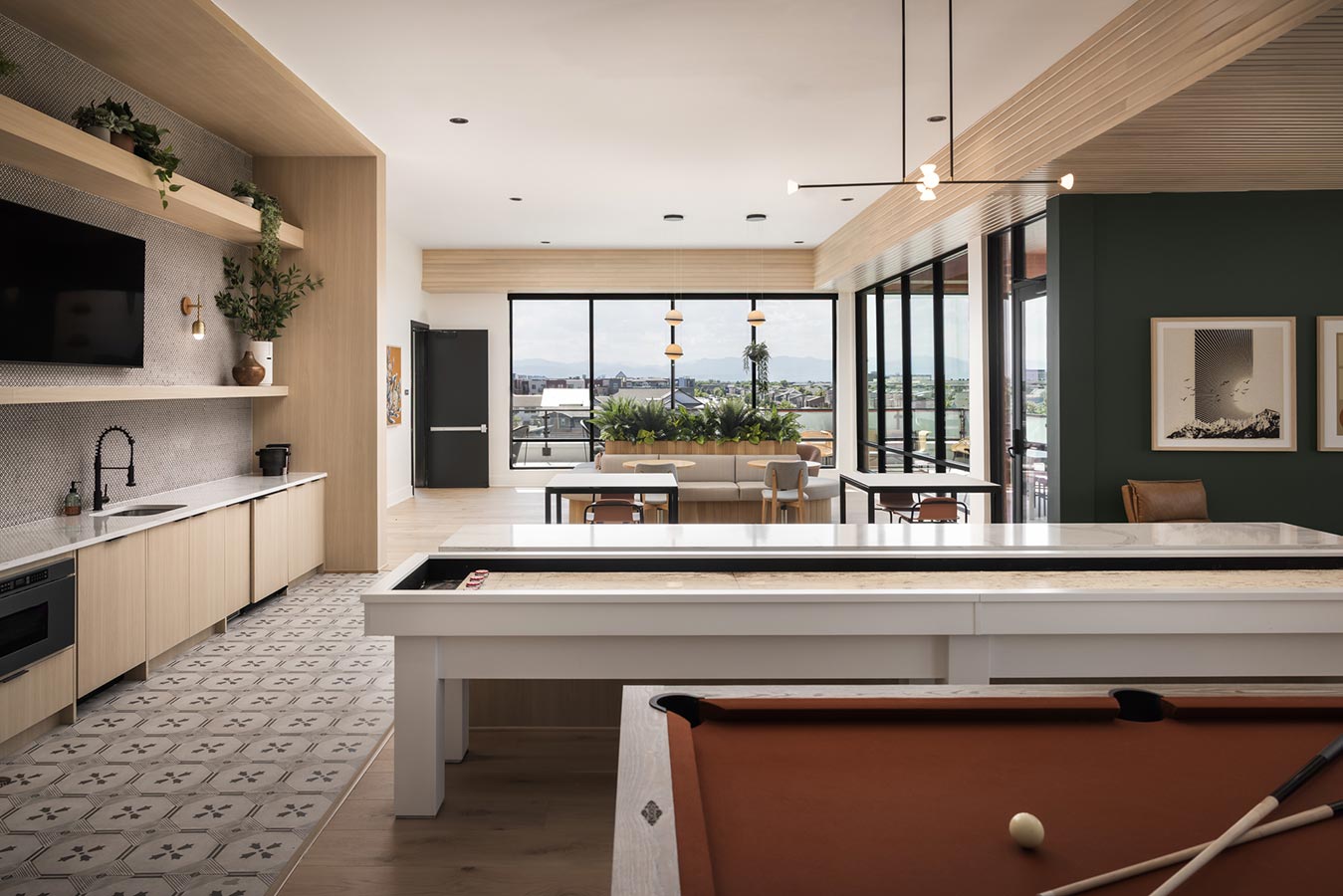 Clubhouse area with pool table and shuffleboard